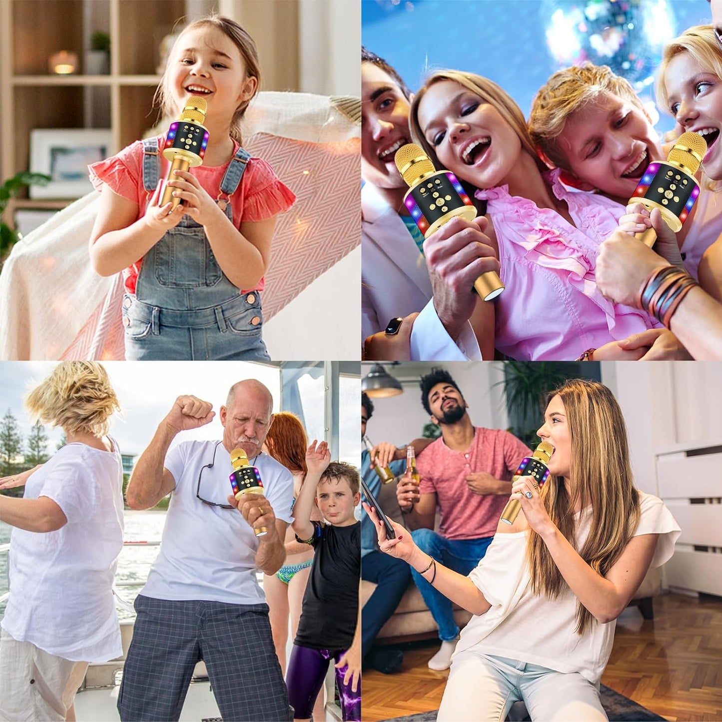 Karaoke Microphone for Kids & Adults - Bluetooth Singing Mic with Disco Lights, Echo Effect, Built-In Speaker Portable for Party Travel Gifts Multipurpose Condenser Microphone Q78(Gold)