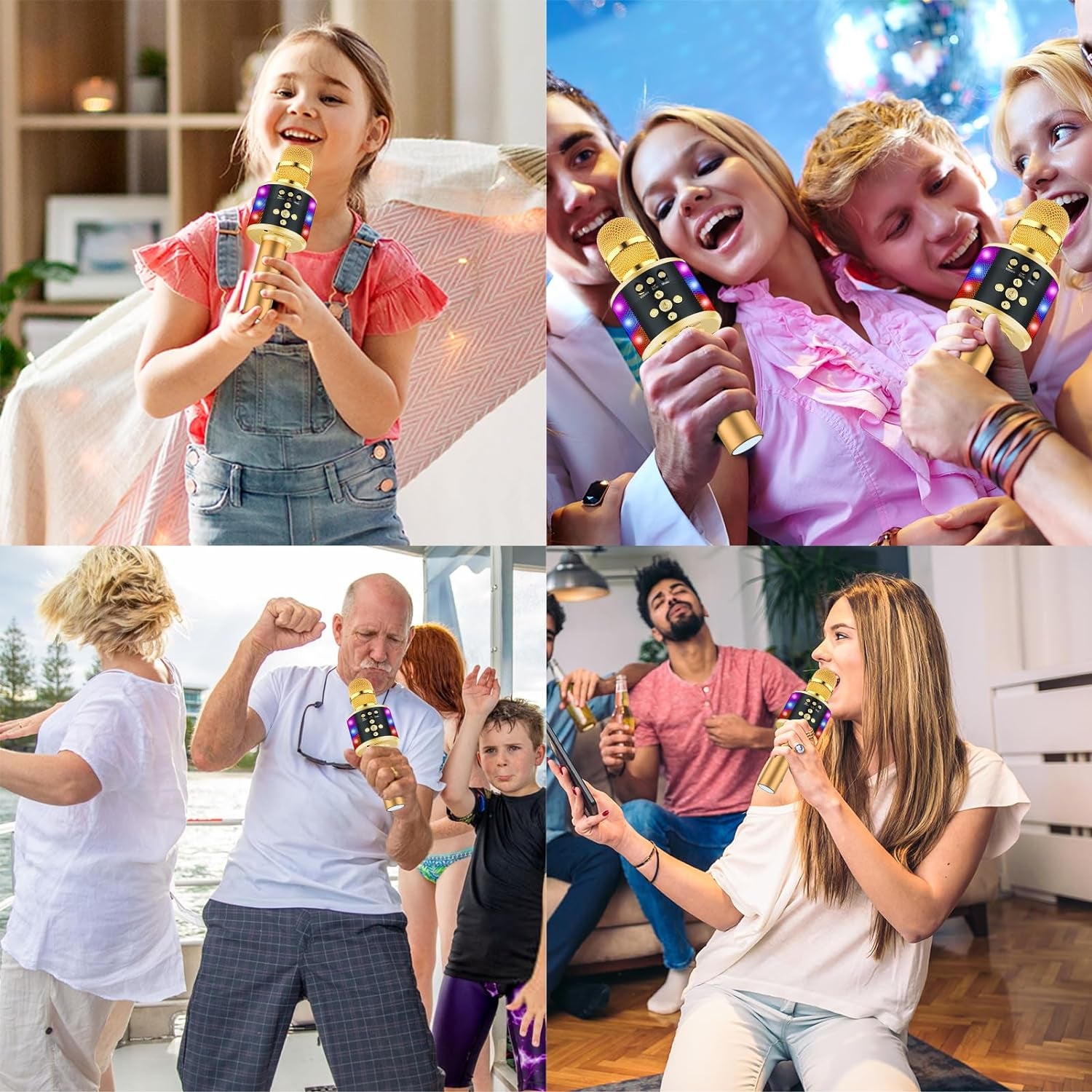 Karaoke Microphone for Kids & Adults - Bluetooth Singing Mic with Disco Lights, Echo Effect, Built-In Speaker Portable for Party Travel Gifts Multipurpose Condenser Microphone Q78(Gold)