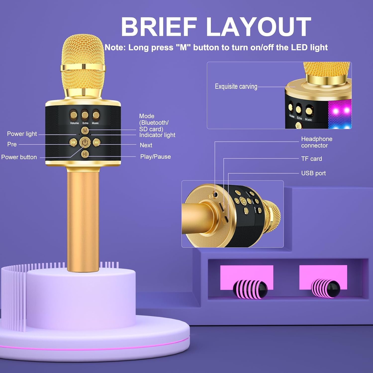 Karaoke Microphone for Kids & Adults - Bluetooth Singing Mic with Disco Lights, Echo Effect, Built-In Speaker Portable for Party Travel Gifts Multipurpose Condenser Microphone Q78(Gold)