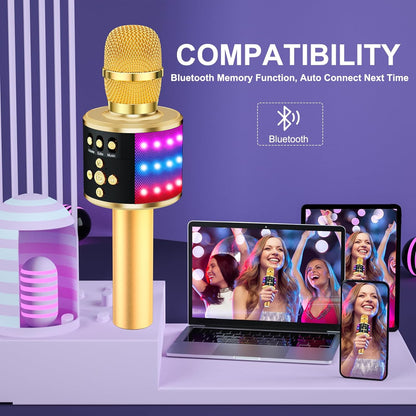 Karaoke Microphone for Kids & Adults - Bluetooth Singing Mic with Disco Lights, Echo Effect, Built-In Speaker Portable for Party Travel Gifts Multipurpose Condenser Microphone Q78(Gold)