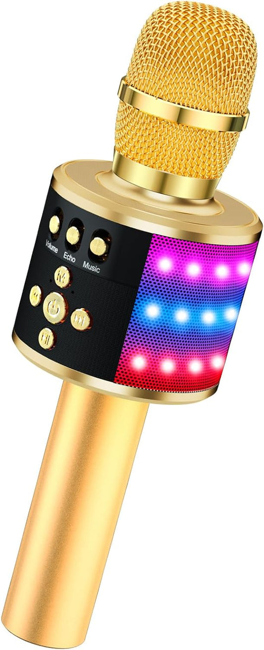 Karaoke Microphone for Kids & Adults - Bluetooth Singing Mic with Disco Lights, Echo Effect, Built-In Speaker Portable for Party Travel Gifts Multipurpose Condenser Microphone Q78(Gold)