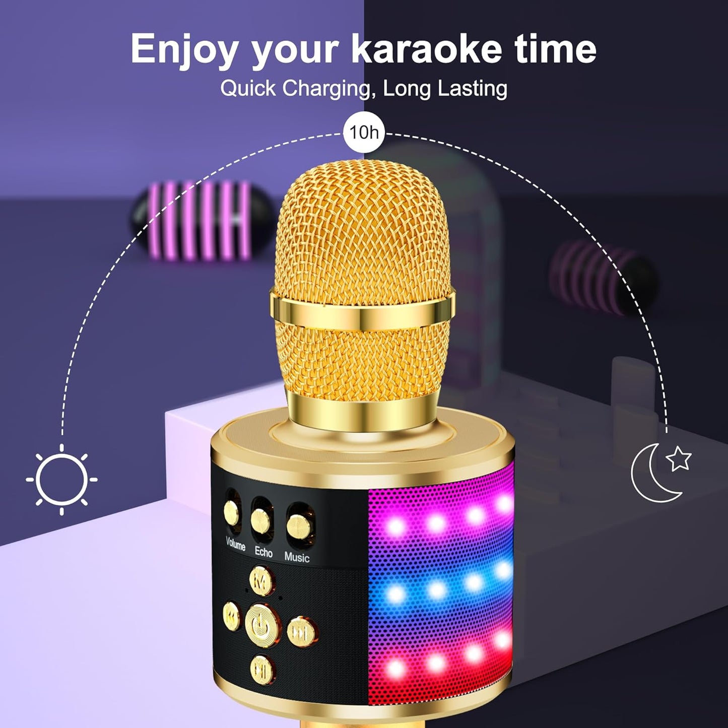 Karaoke Microphone for Kids & Adults - Bluetooth Singing Mic with Disco Lights, Echo Effect, Built-In Speaker Portable for Party Travel Gifts Multipurpose Condenser Microphone Q78(Gold)